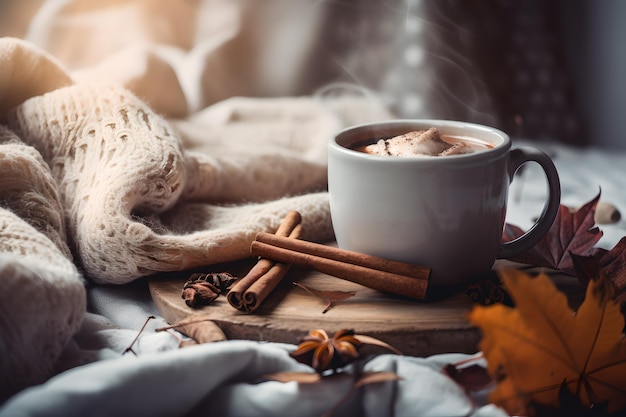 Uma xícara de café com paus de canela em uma bandeja de madeira com um suéter