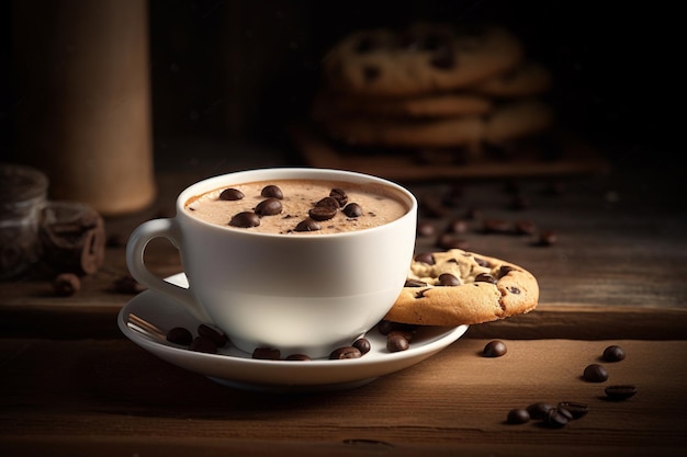 Uma xícara de café com um biscoito ao lado