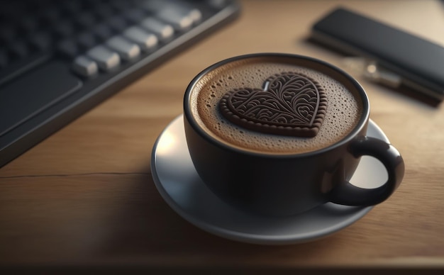 Uma xícara de café com um biscoito em forma de coração na espuma.