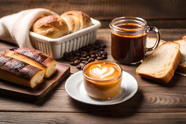 Uma xícara de café com um café com leite e uma xícara de café sobre a mesa.
