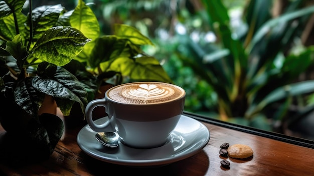 Uma xícara de café com um café na mesa