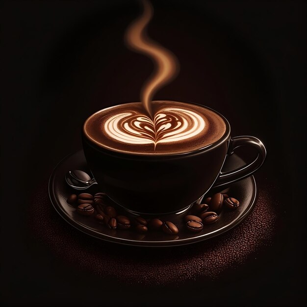 uma xícara de café com um coração desenhado em fundo preto