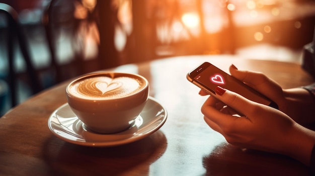 Uma xícara de café com um coração na frente