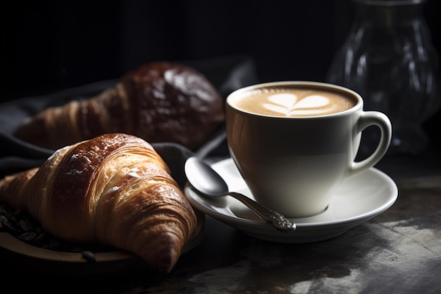 Uma xícara de café com um croissant e um croissant em uma mesa.