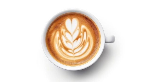 Uma xícara de café com um desenho de flor no topo.