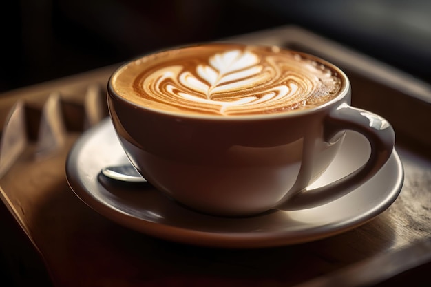 Uma xícara de café com um desenho de folha na borda