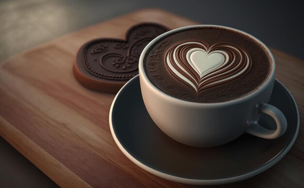 Uma xícara de café com um desenho em forma de coração na frente.