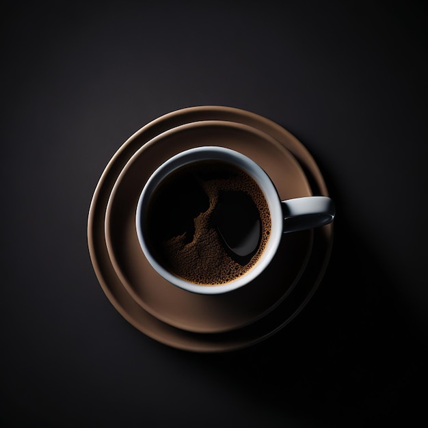 Uma xícara de café com um fundo escuro e um fundo escuro.