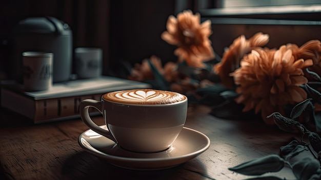 Uma xícara de café com um laptop ao fundo