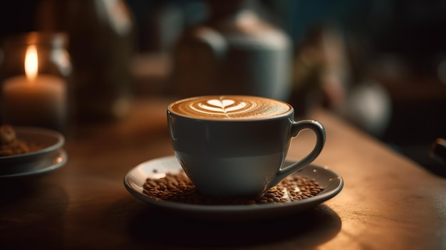 Uma xícara de café com um latte art na borda