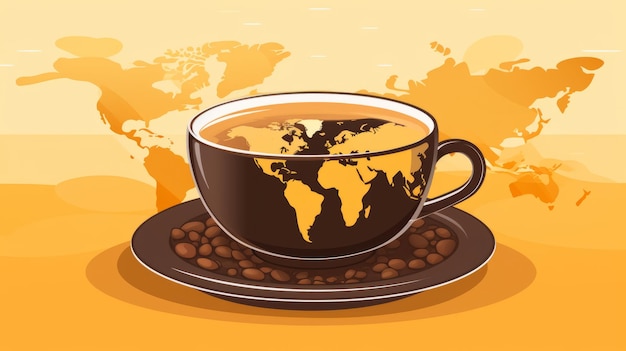 uma xícara de café com um mapa-múndi ao fundo