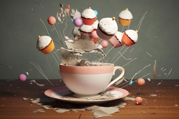 Uma xícara de café com um monte de cupcakes em sua imagem ai generativa