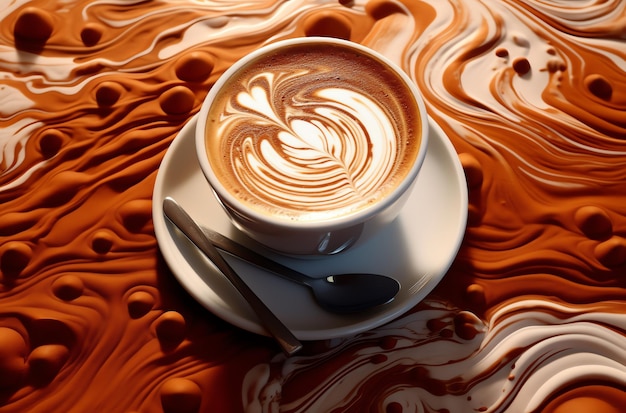 Uma xícara de café com um padrão de coração na borda