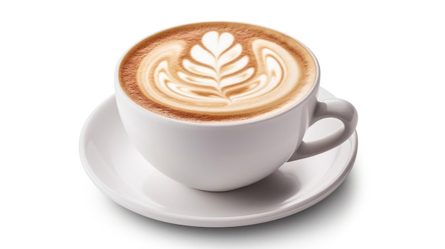 Uma xícara de café com um padrão de folha no topo.