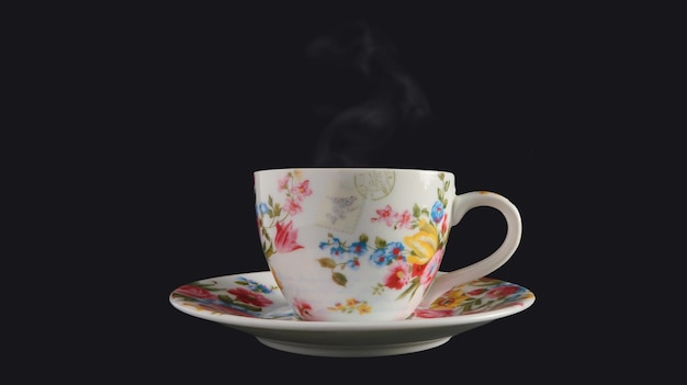 Uma xícara de café com um padrão floral