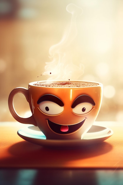 Uma xícara de café com um rosto e um pires com um rosto esfumaçado.