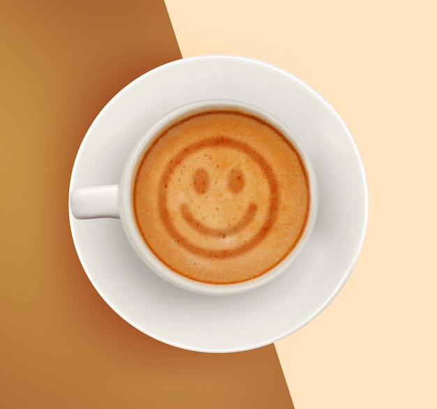 Uma xícara de café com um rosto sorridente