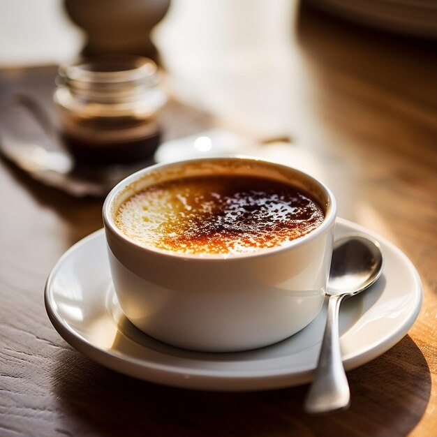 uma xícara de café com uma colher no pires e uma colher no pires.