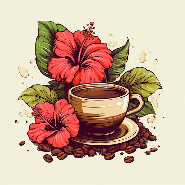 uma xícara de café com uma flor e folhas.