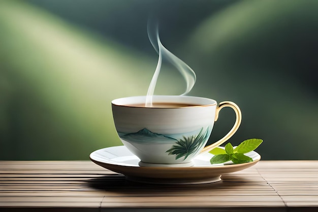 Uma xícara de café com uma folha verde ao lado