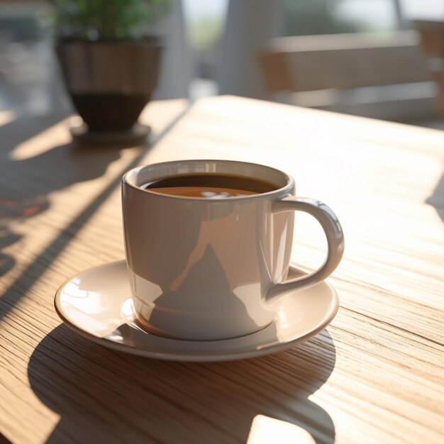 uma xícara de café com uma planta ao fundo.