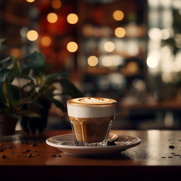 uma xícara de café com uma planta ao fundo.