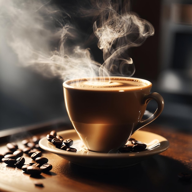 Uma xícara de café com vapor saindo da superfície e um toque de doçura no ar