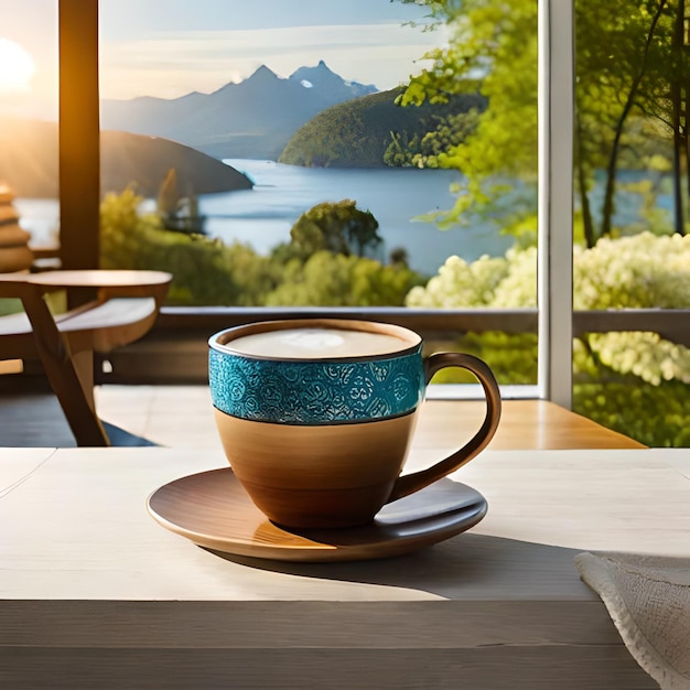 uma xícara de café com vista para o lago
