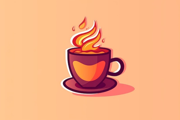 Uma xícara de café de desenho animado com uma chama no fundo.