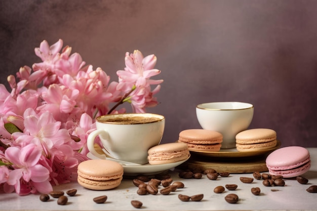 Uma xícara de café e biscoitos estão sobre uma mesa com flores cor de rosa.