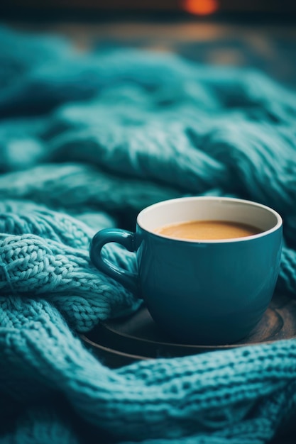 Uma xícara de café é colocada em cima de um cobertor cinza