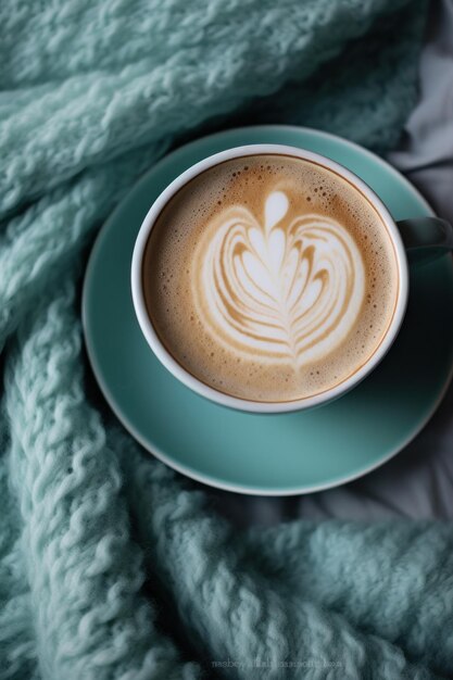 Uma xícara de café é colocada em cima de um cobertor cinza