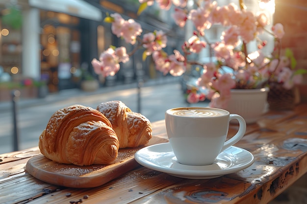 Uma xícara de café e croissants na mesa