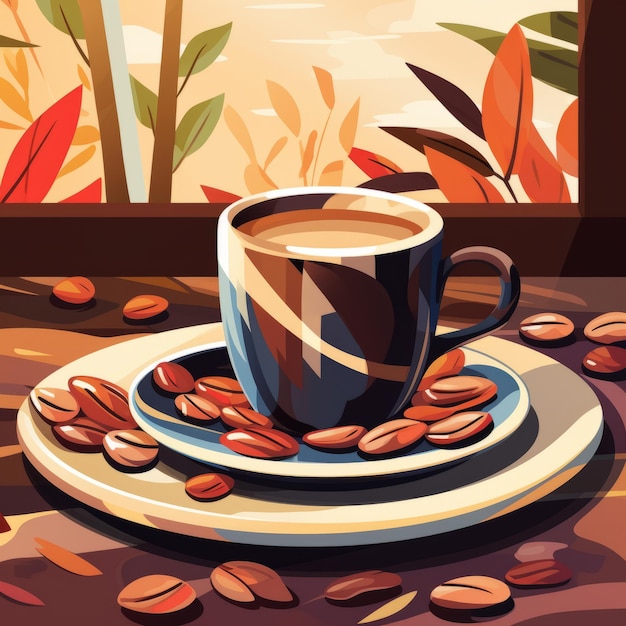 Foto uma xícara de café e pires sobre uma mesa com folhas de outono