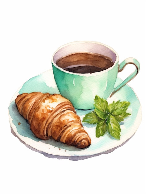 Uma xícara de café e um croissant em um prato.