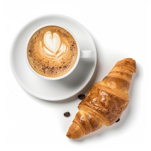 Uma xícara de café e um croissant em uma mesa branca