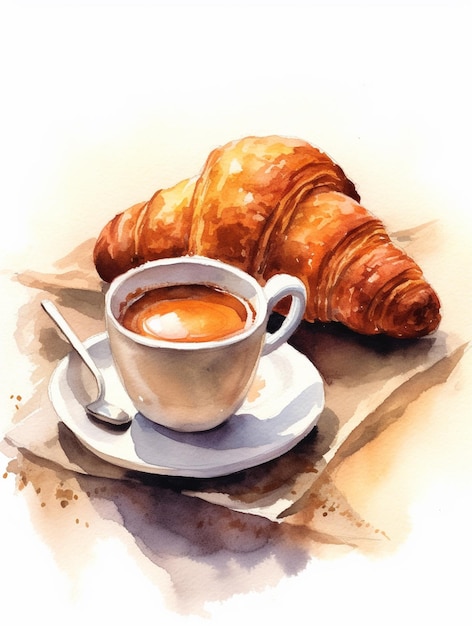 Uma xícara de café e um croissant estão sobre um guardanapo.