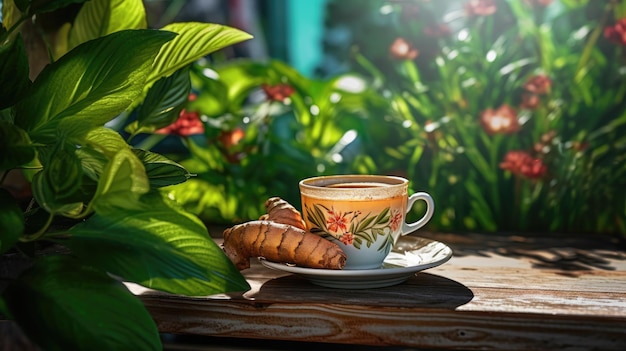 Uma xícara de café e um croissant estão sobre uma mesa de madeira em frente a um jardim.