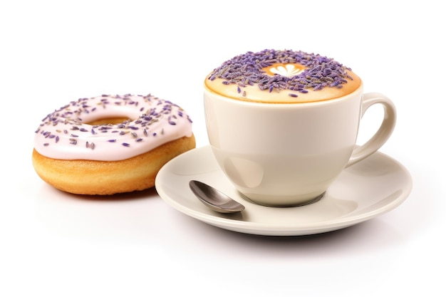 Uma xícara de café e um donut em um prato em uma superfície branca ou transparente PNG fundo transparente