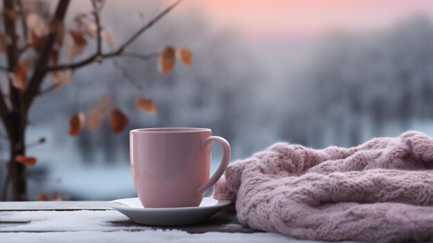 Uma xícara de café e um lenço de malha no peitoril da janela no inverno