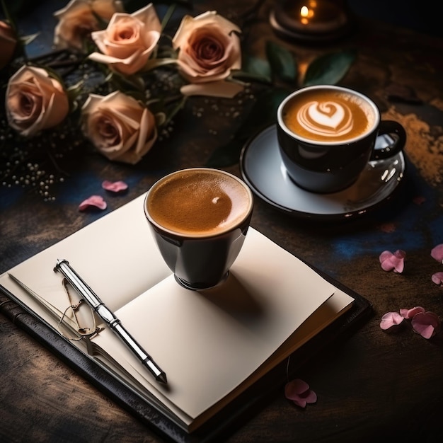 uma xícara de café e um livro com uma xícara de café