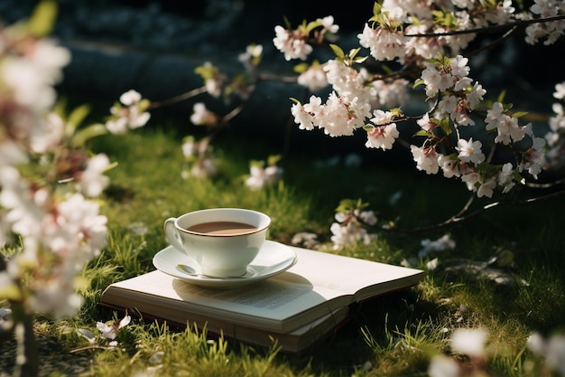 Uma xícara de café e um livro em um terreno gramado
