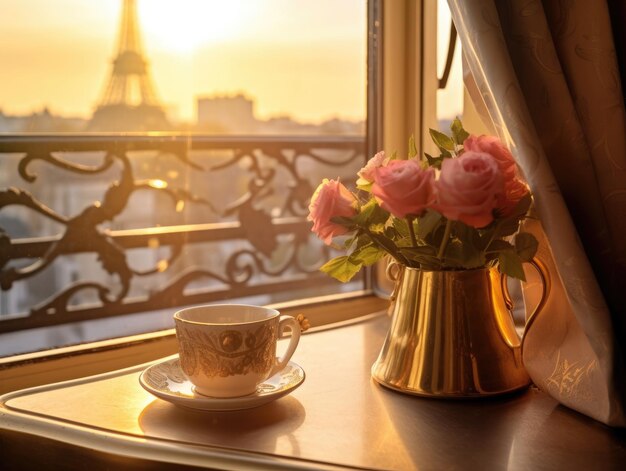 Uma xícara de café e um vaso de flores na mesa junto à janela em frente à Torre Eiffel em Paris durante o pôr do sol