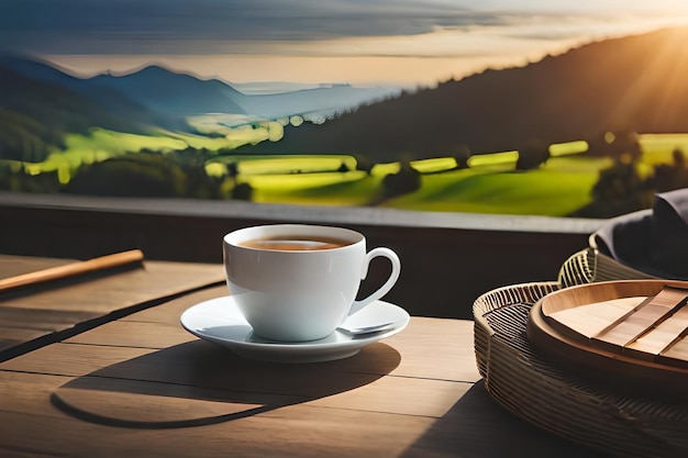 uma xícara de café e uma bandeja com xícaras sobre uma mesa com vista para a paisagem.