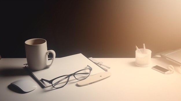 Uma xícara de café e uma caneta sobre uma mesa com uma caneta e óculos sobre ela.