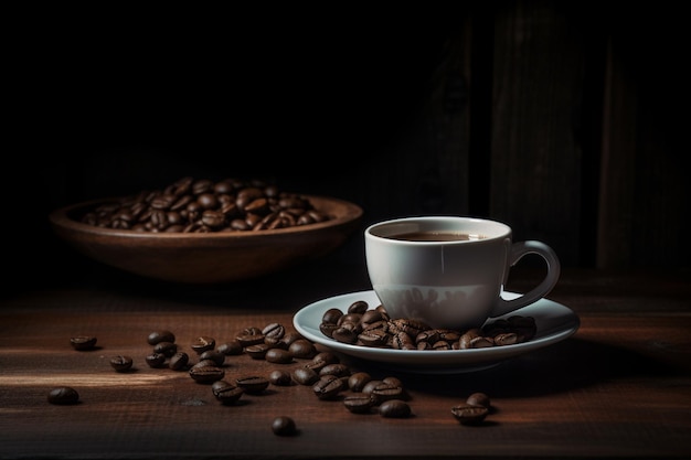 Uma xícara de café e uma tigela de grãos de café