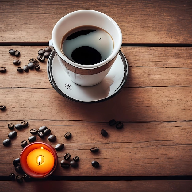 Uma xícara de café e uma vela com a palavra café