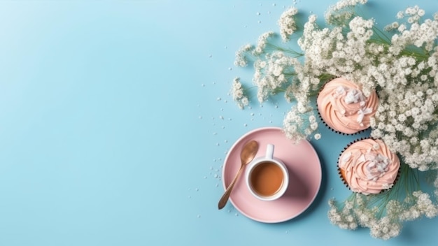Uma xícara de café e uma xícara de café em um prato rosa com um monte de fundo azul