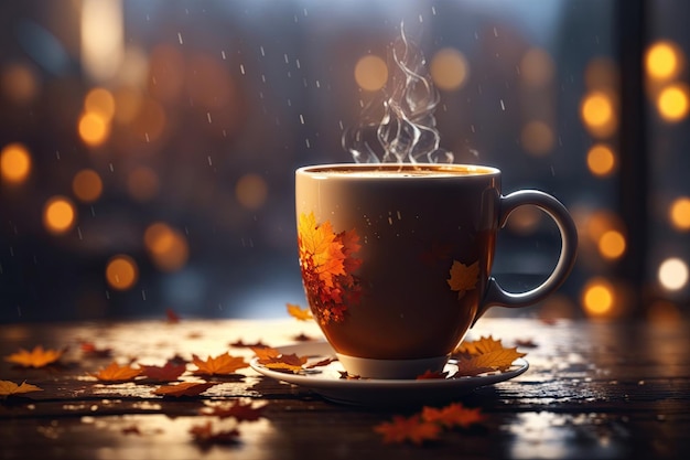 uma xícara de café em cima de uma mesa de madeira uma xícara de café com alguns grãos em cima de uma mesa com textura perfeita