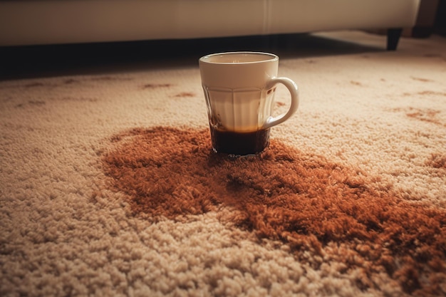 Uma xícara de café em um tapete sujo com uma mancha marrom